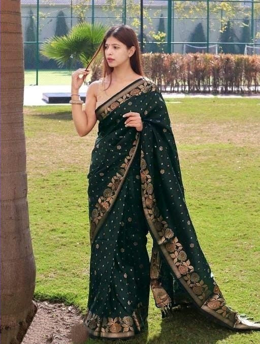 Jazzy Dark Green Soft Banarasi Silk Saree With Dissemble Blouse Piece