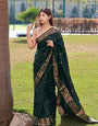 Jazzy Dark Green Soft Banarasi Silk Saree With Dissemble Blouse Piece