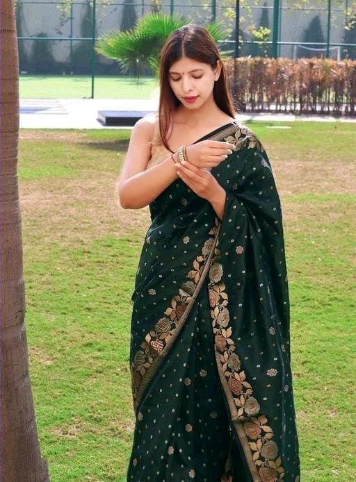 Jazzy Dark Green Soft Banarasi Silk Saree With Dissemble Blouse Piece