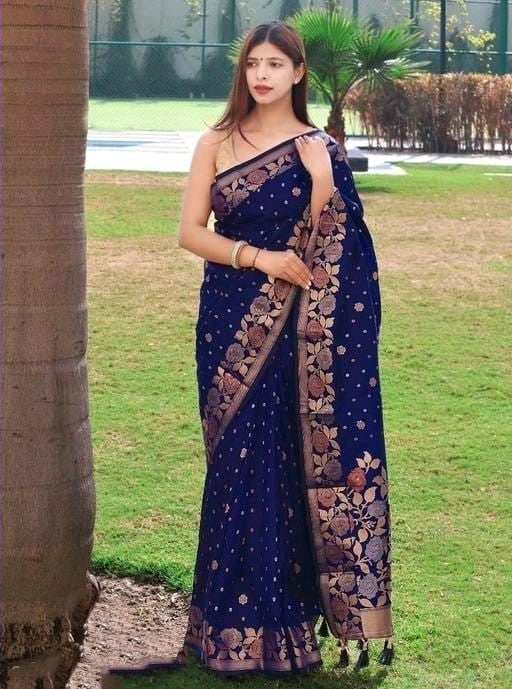 Conflate Navy Blue Soft Banarasi Silk Saree With Precious Blouse Piece