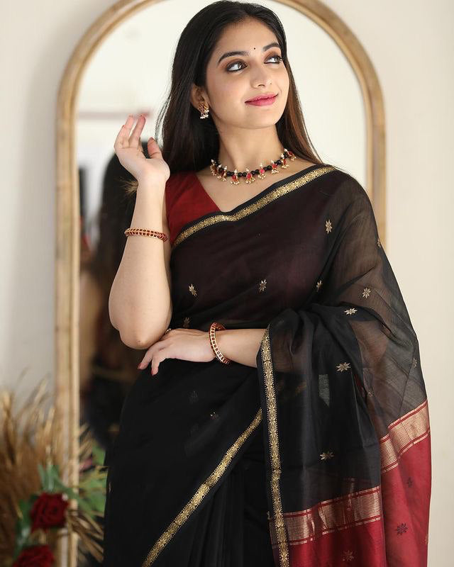 Angelic Black Cotton Silk Saree With Demanding Blouse Piece