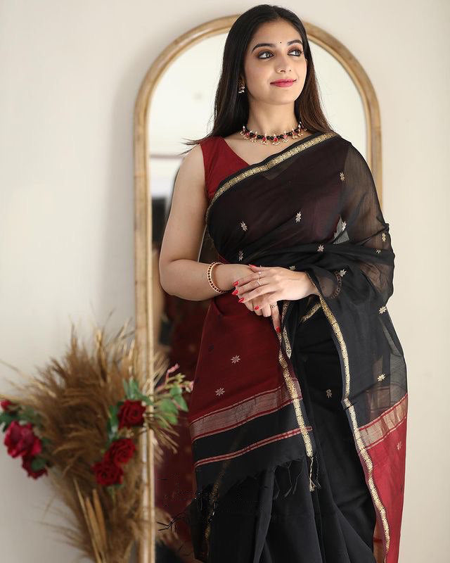 Angelic Black Cotton Silk Saree With Demanding Blouse Piece