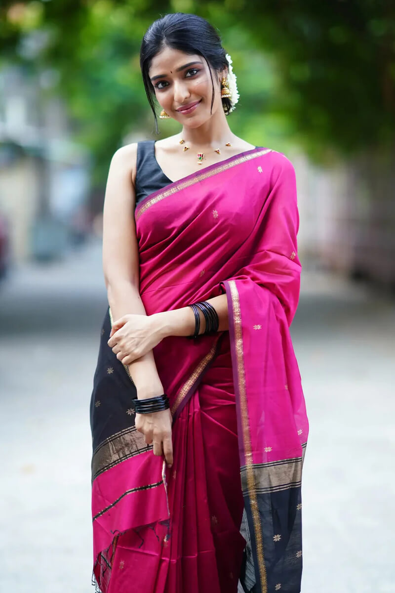 Precious Dark Pink Cotton Silk Saree With Gleaming Blouse Piece