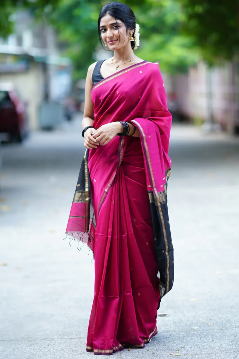 Precious Dark Pink Cotton Silk Saree With Gleaming Blouse Piece