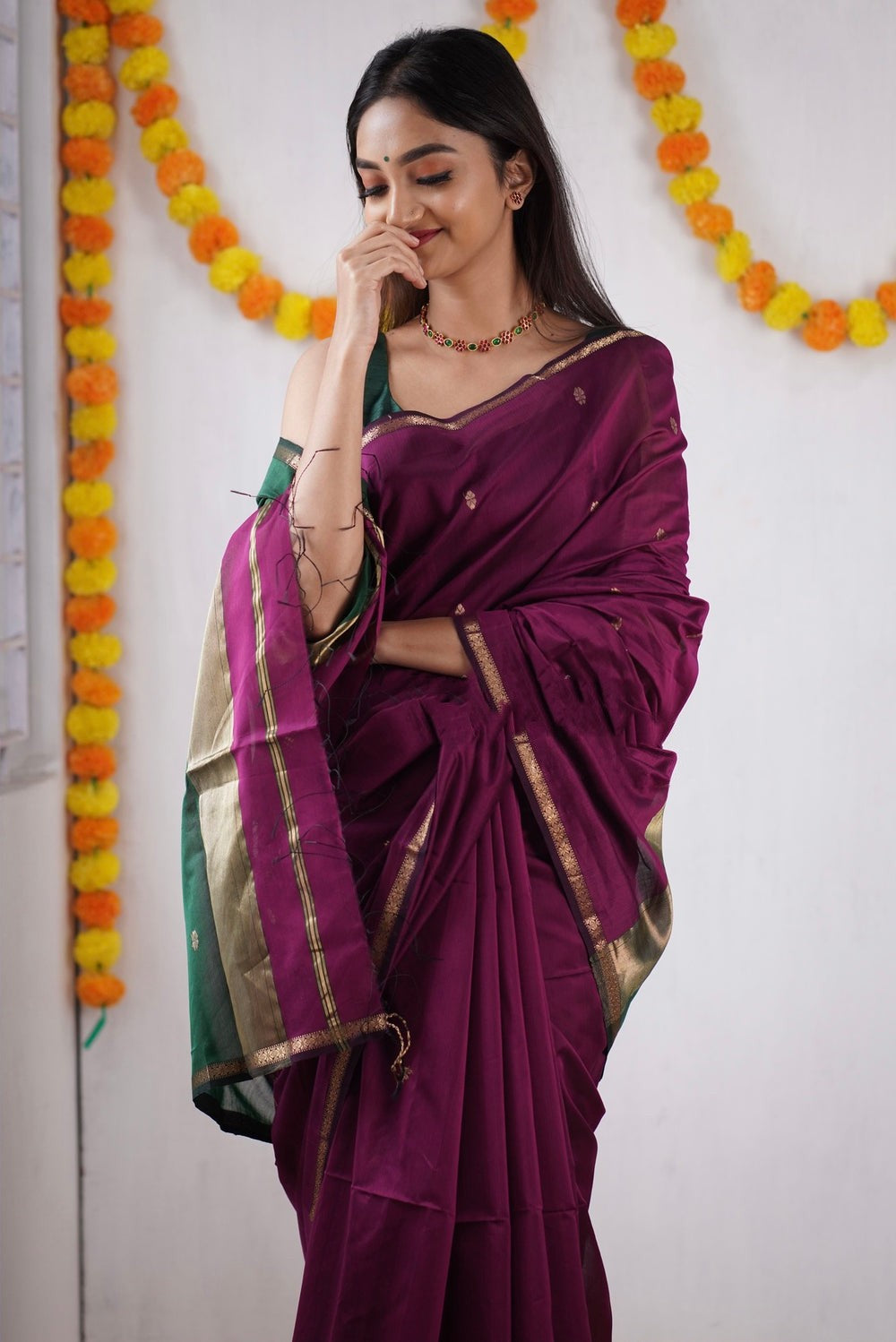 Alluring Dark Pink Cotton Silk Saree With Charming Blouse Piece