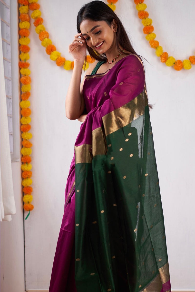 Alluring Dark Pink Cotton Silk Saree With Charming Blouse Piece