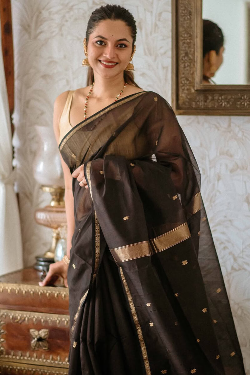 Enigmatic Black Cotton Silk Saree With Rhapsodic Blouse Piece