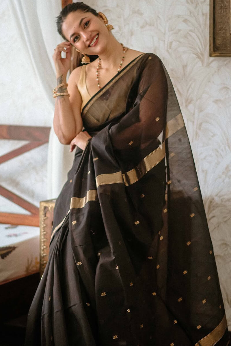 Enigmatic Black Cotton Silk Saree With Rhapsodic Blouse Piece