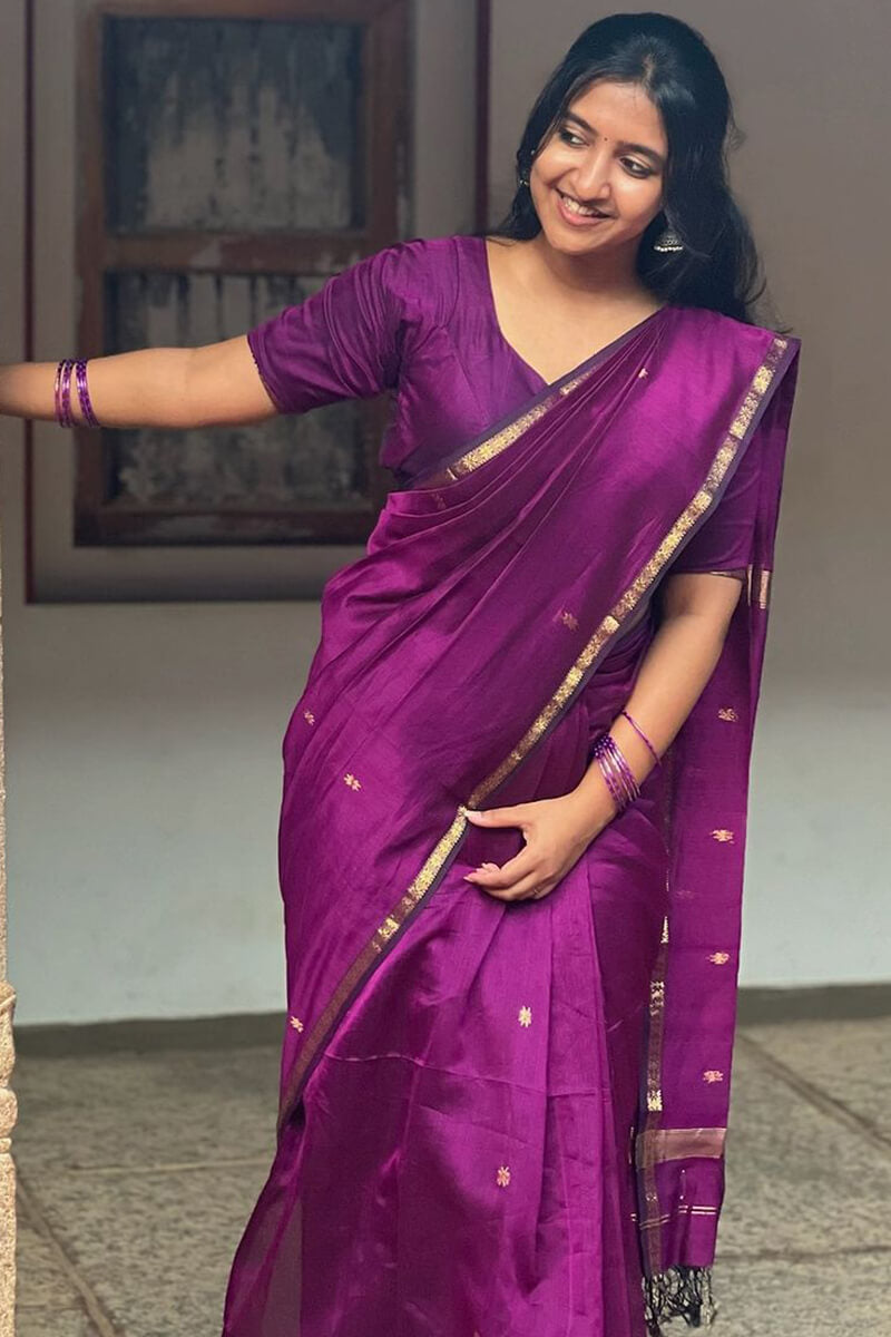 Piquant Purple Cotton Silk Saree With Seraphic Blouse Piece