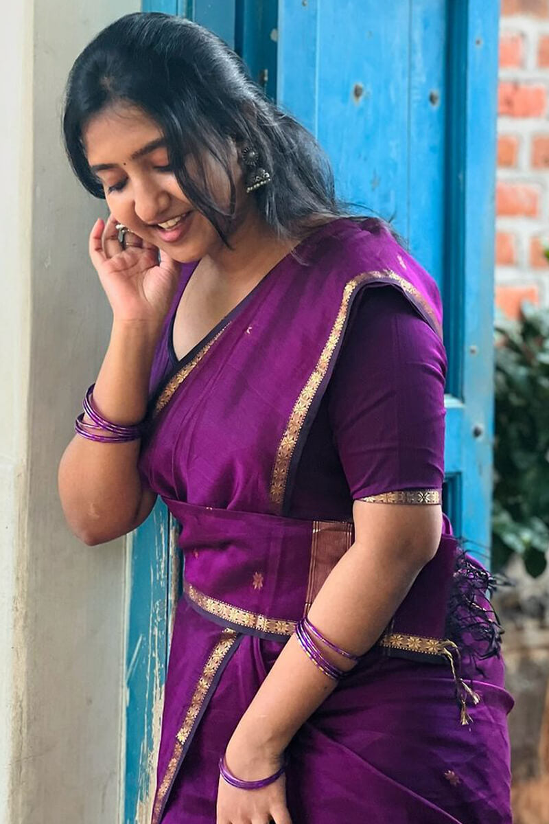 Piquant Purple Cotton Silk Saree With Seraphic Blouse Piece