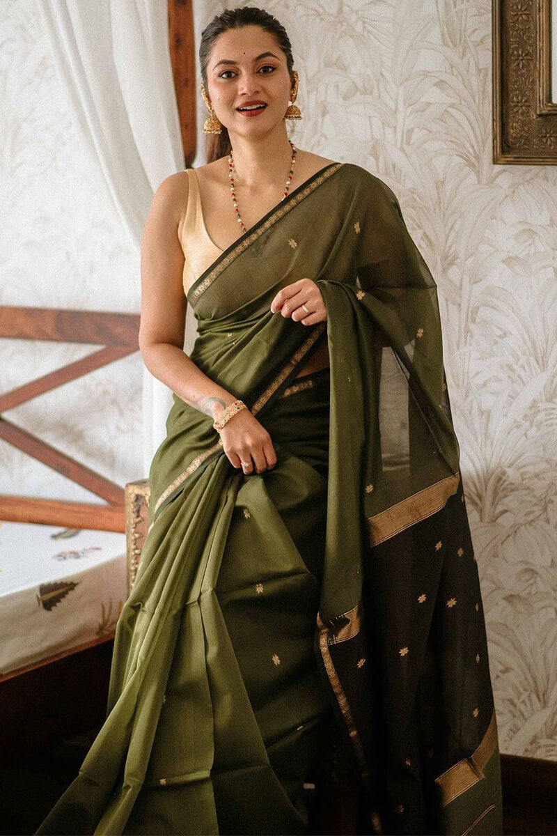 Moiety Green Cotton Silk Saree With Fragrant Blouse Piece