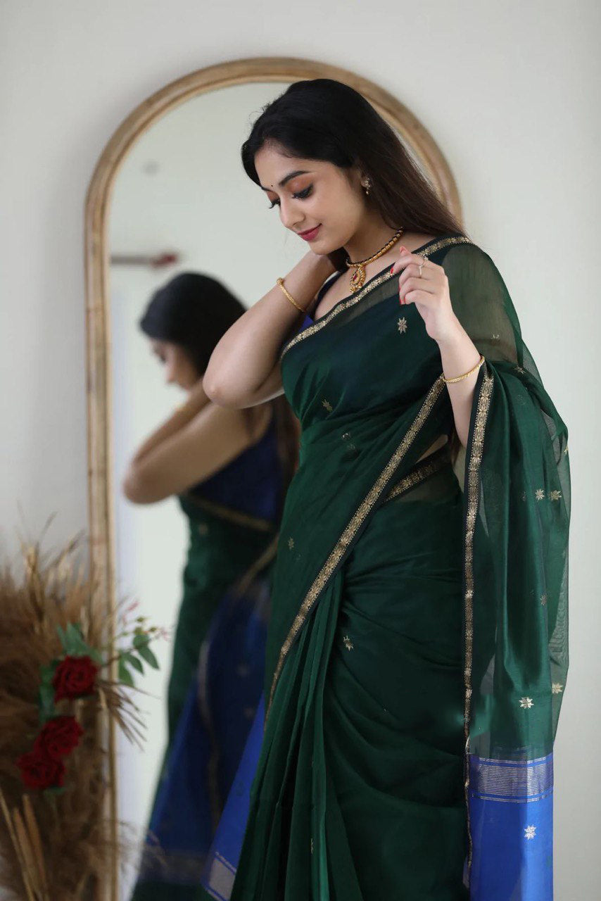 Seraphic Green Cotton Silk Saree With Brood Blouse Piece