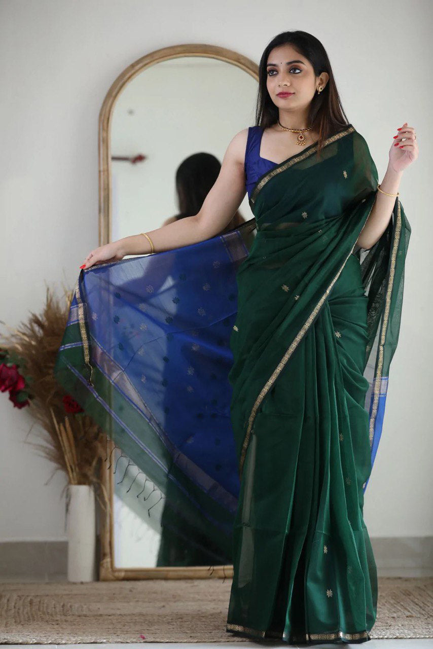 Seraphic Green Cotton Silk Saree With Brood Blouse Piece