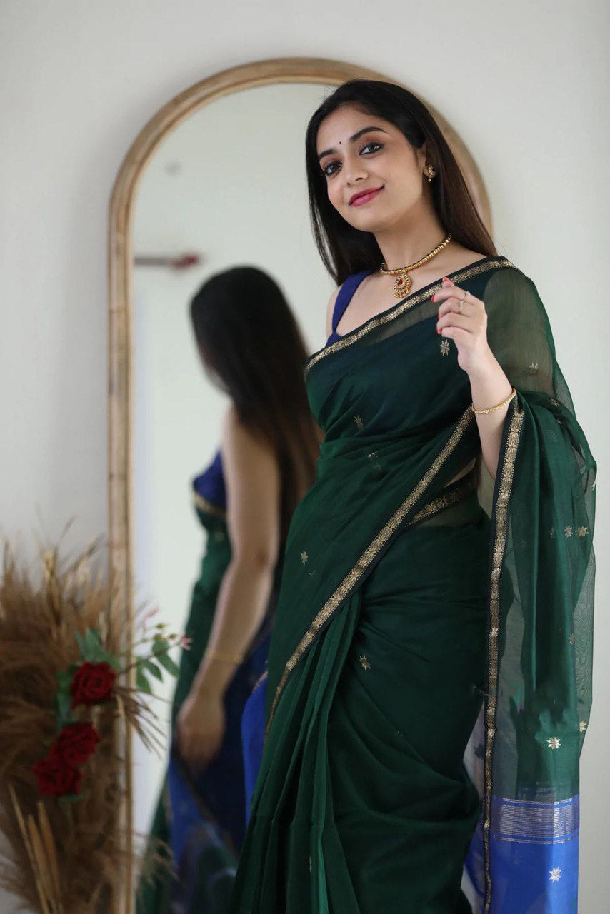 Seraphic Green Cotton Silk Saree With Brood Blouse Piece