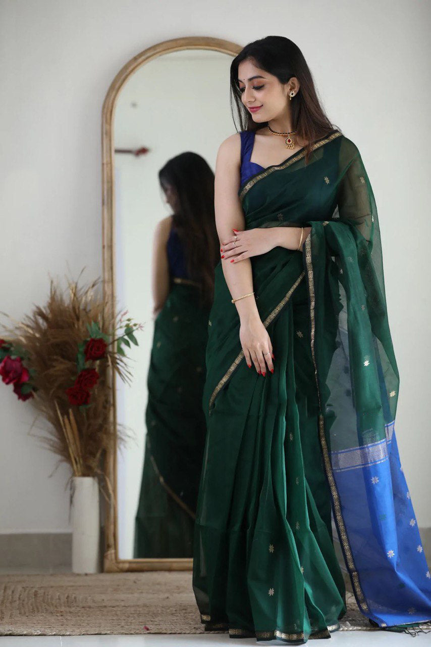 Seraphic Green Cotton Silk Saree With Brood Blouse Piece