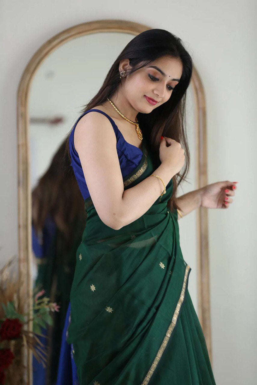 Seraphic Green Cotton Silk Saree With Brood Blouse Piece