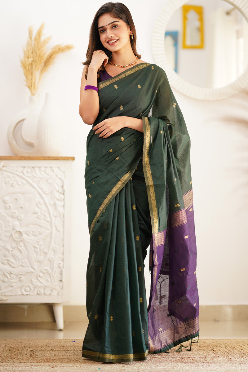 Charming Green Cotton Silk Saree With Ornate Blouse Piece