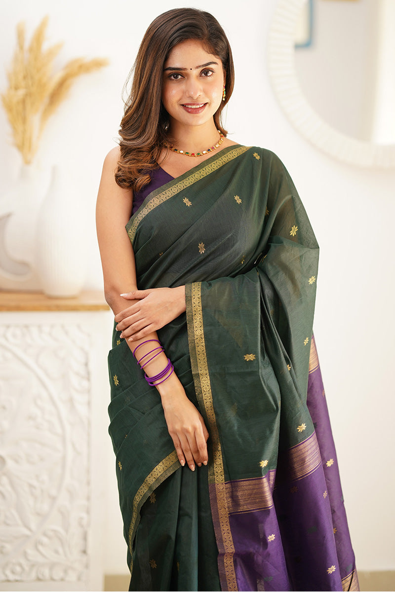 Charming Green Cotton Silk Saree With Ornate Blouse Piece