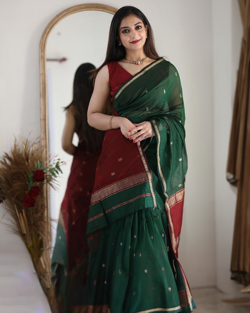 Lustrous Green Cotton Silk Saree With Charismatic Blouse Piece