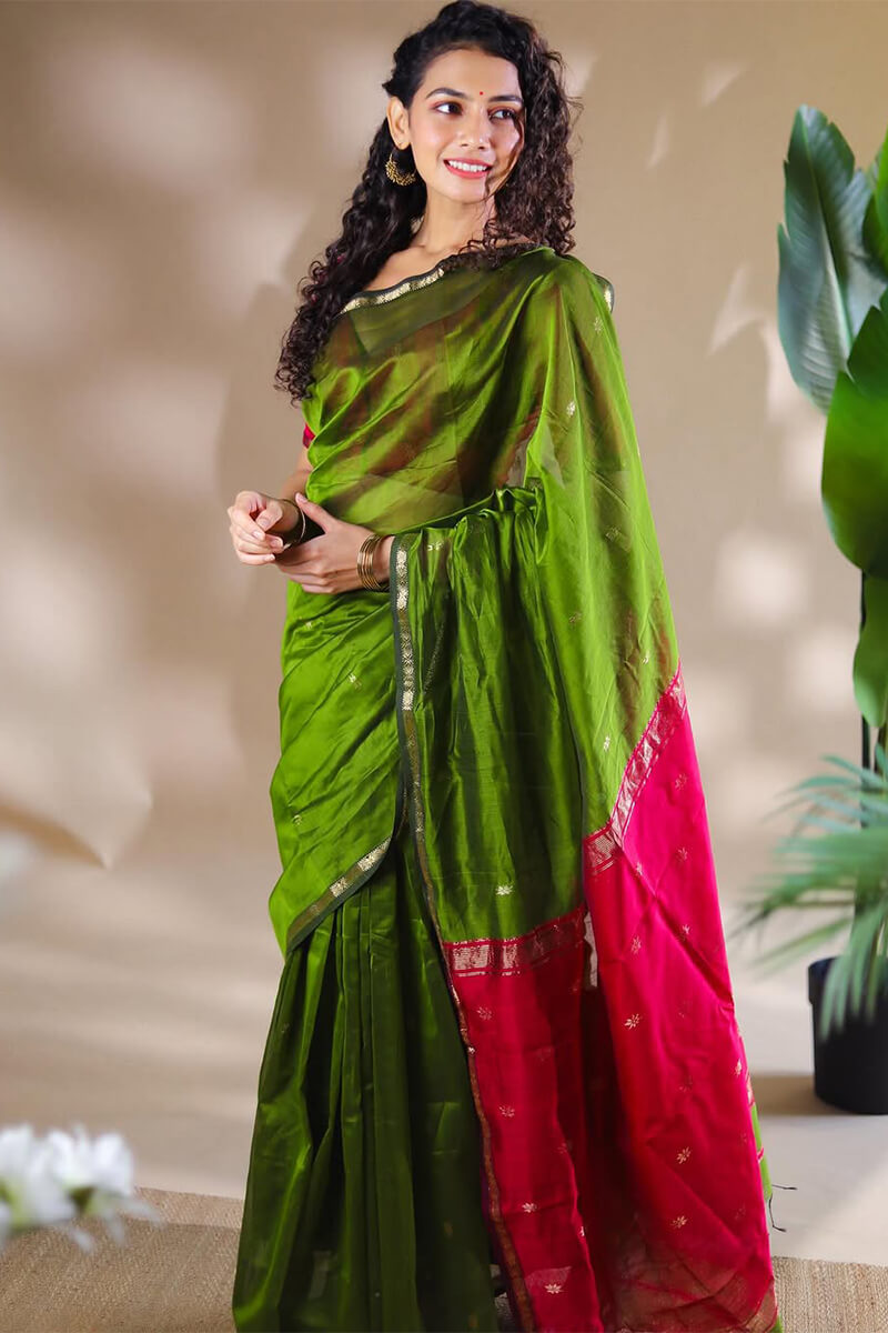 Whimsical Green Cotton Silk Saree With Improbable Blouse Piece