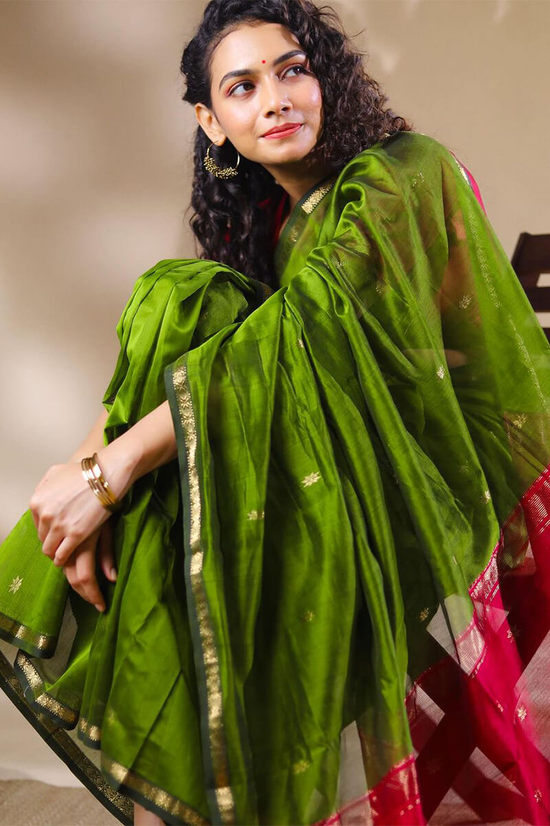 Whimsical Green Cotton Silk Saree With Improbable Blouse Piece