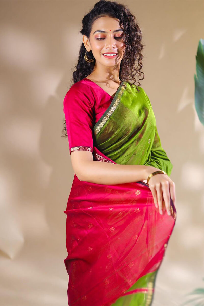 Whimsical Green Cotton Silk Saree With Improbable Blouse Piece