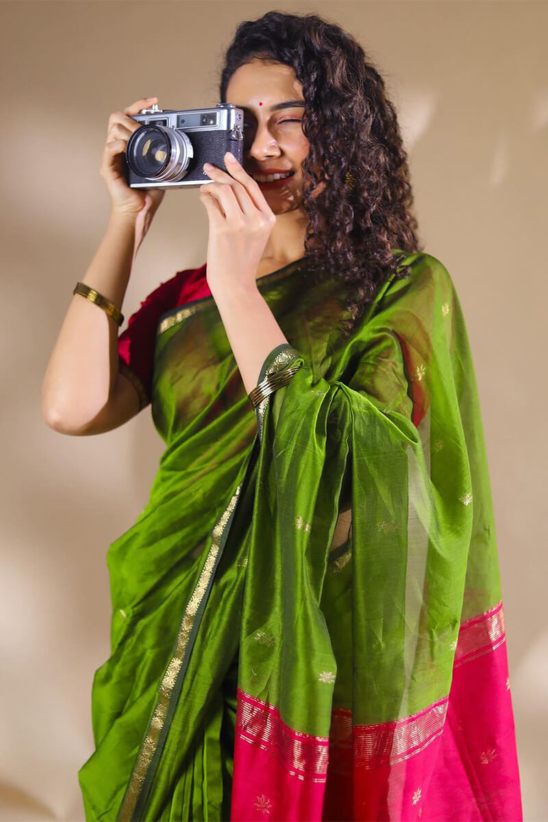 Whimsical Green Cotton Silk Saree With Improbable Blouse Piece