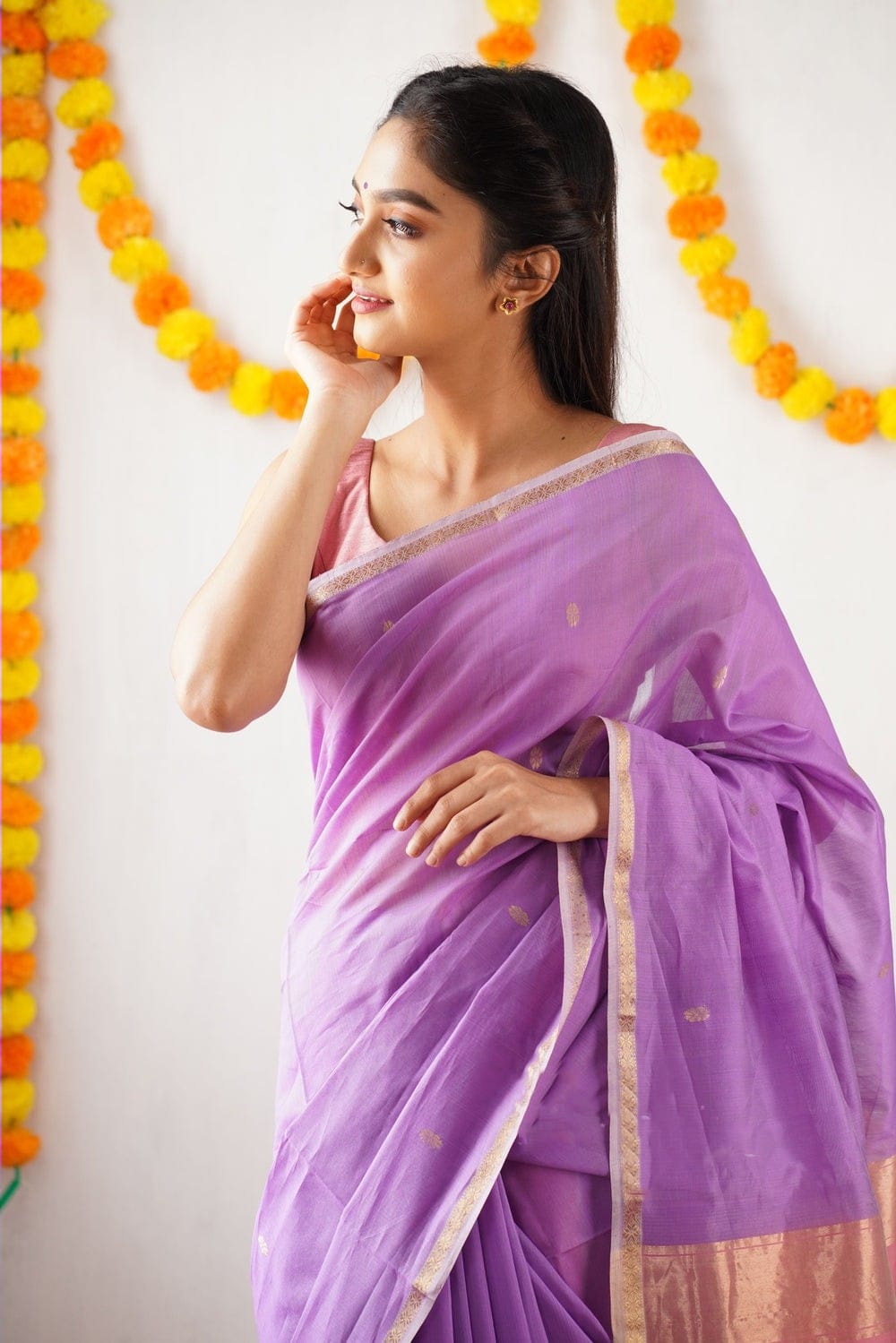 Intricate Lavender Cotton Silk Saree With Incredible Blouse Piece