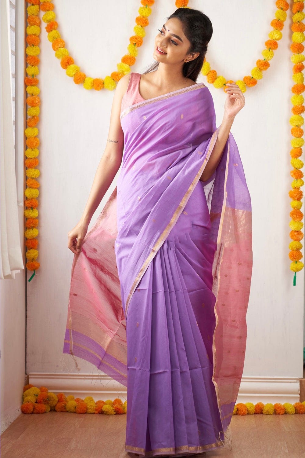 Intricate Lavender Cotton Silk Saree With Incredible Blouse Piece