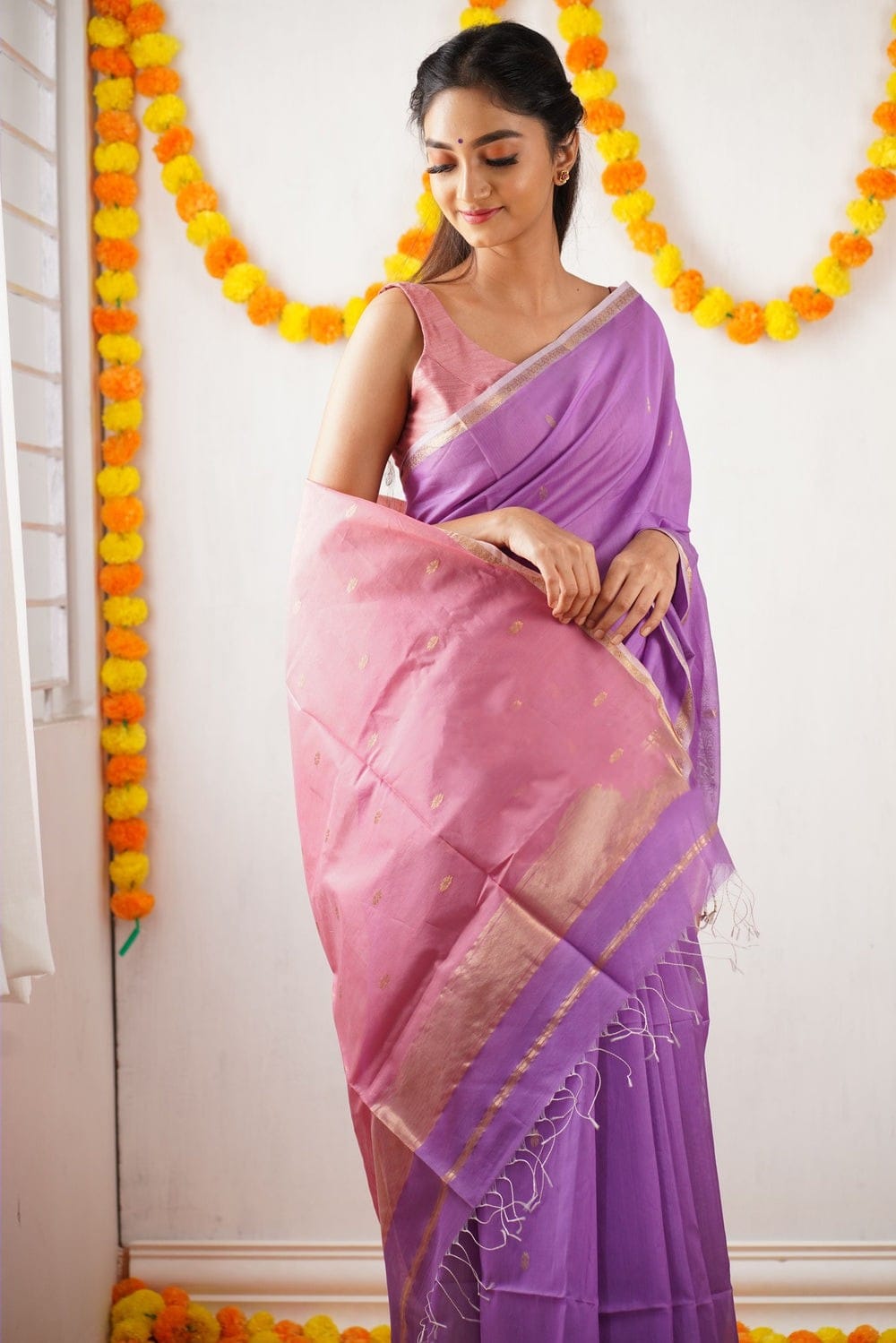 Intricate Lavender Cotton Silk Saree With Incredible Blouse Piece