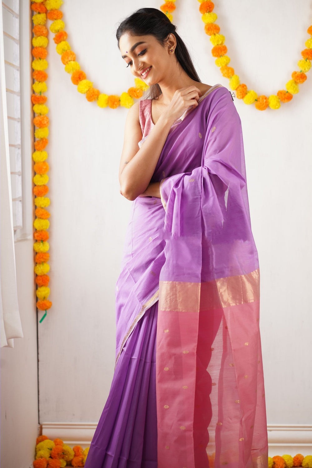 Intricate Lavender Cotton Silk Saree With Incredible Blouse Piece