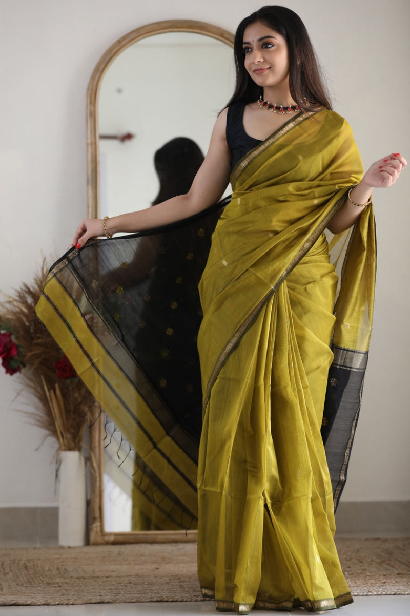 Gratifying Mehndi Cotton Silk Saree With Pretty Blouse Piece