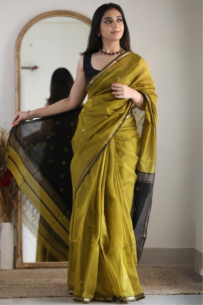 Gratifying Mehndi Cotton Silk Saree With Pretty Blouse Piece