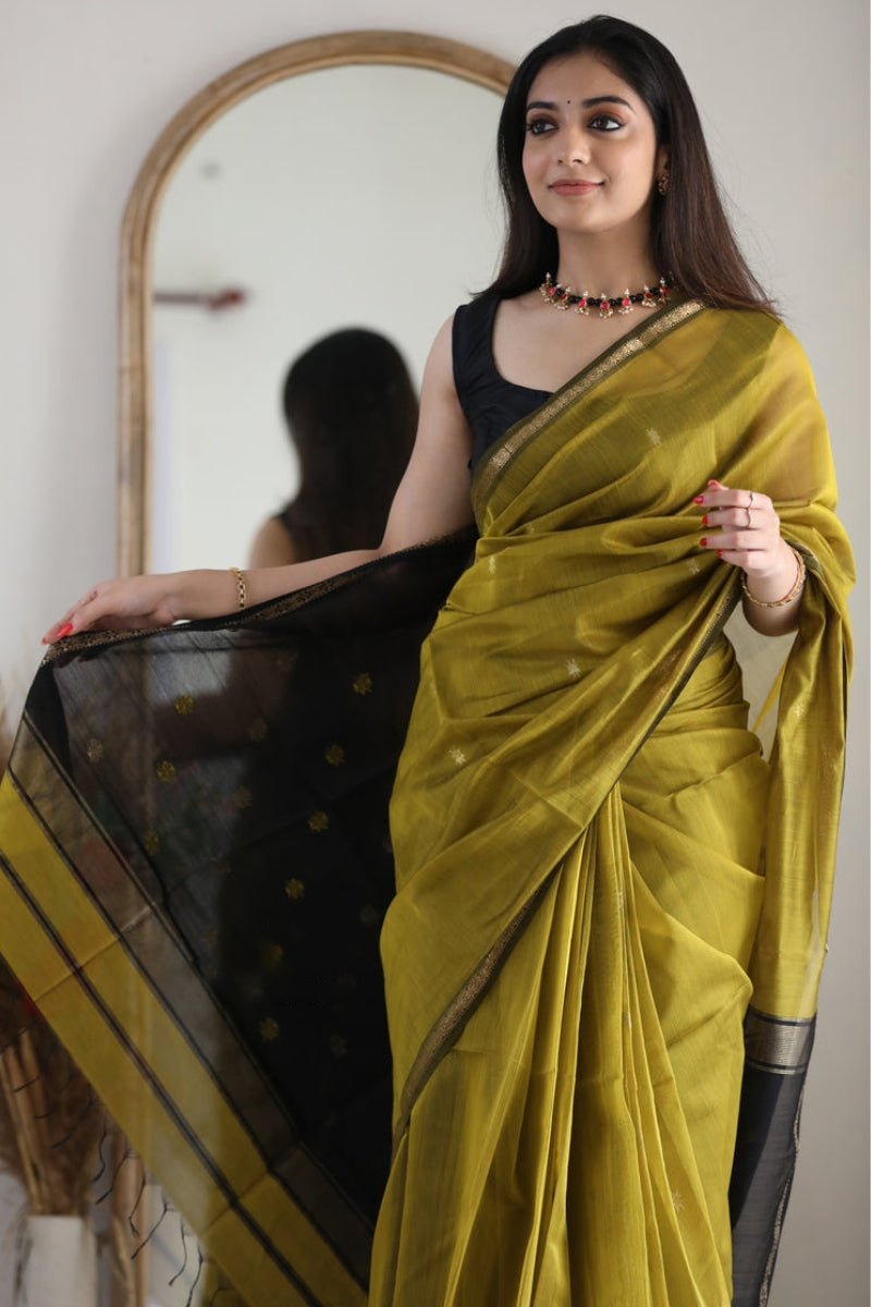 Gratifying Mehndi Cotton Silk Saree With Pretty Blouse Piece