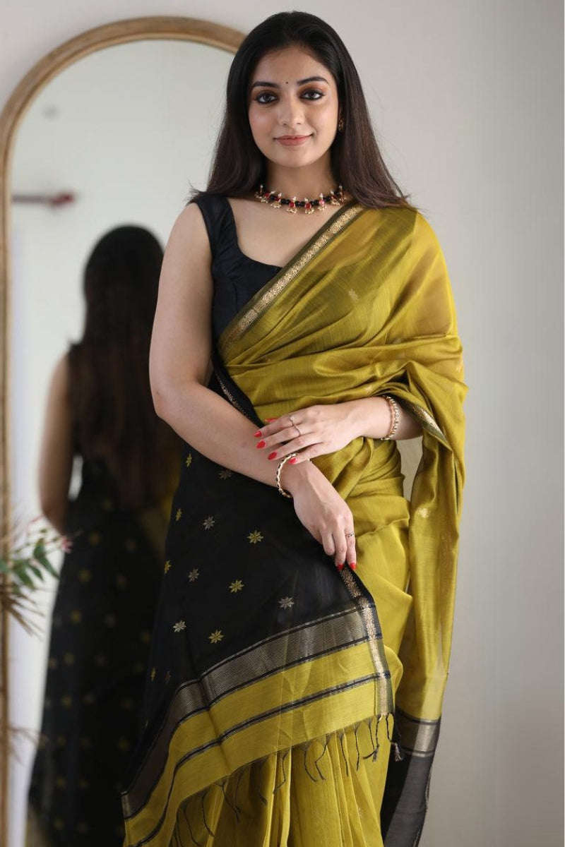 Gratifying Mehndi Cotton Silk Saree With Pretty Blouse Piece