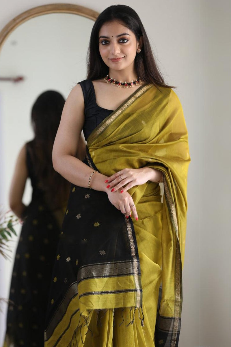 Gratifying Mehndi Cotton Silk Saree With Pretty Blouse Piece