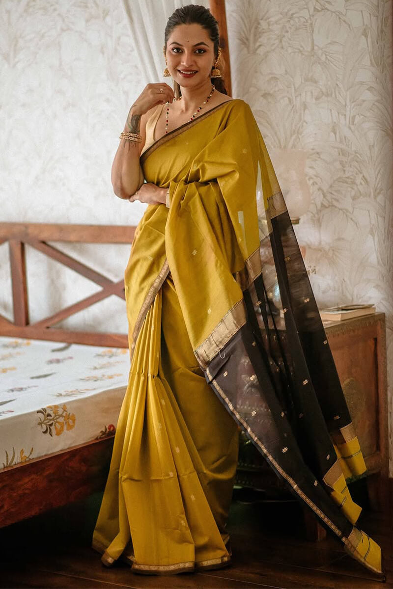 Refreshing Mustard Cotton Silk Saree With Amazing Blouse Piece