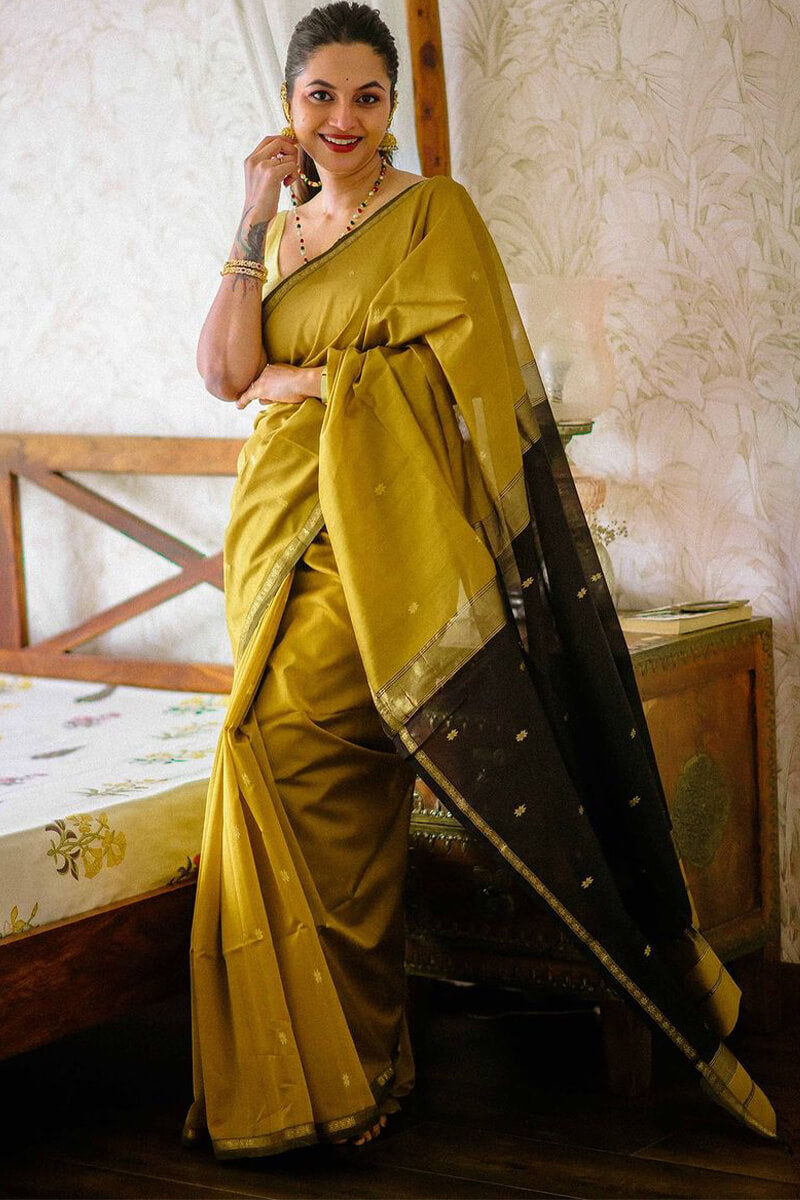 Refreshing Mustard Cotton Silk Saree With Amazing Blouse Piece