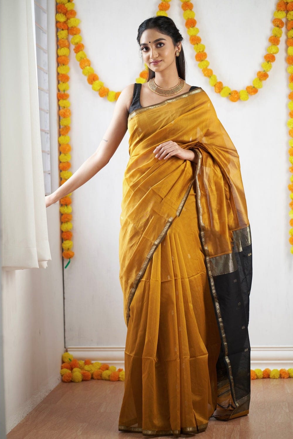 Fantabulous Mustard Cotton Silk Saree With Captivating Blouse Piece