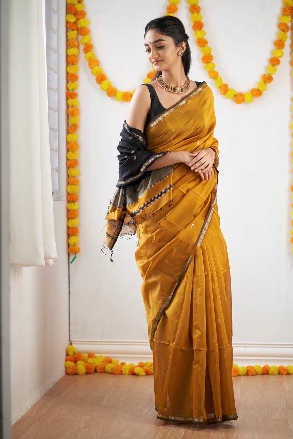 Fantabulous Mustard Cotton Silk Saree With Captivating Blouse Piece