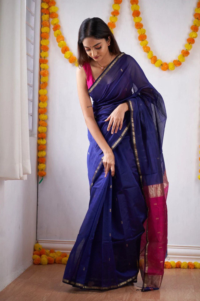 Vivacious Navy Blue Cotton Silk Saree With Nebula Blouse Piece