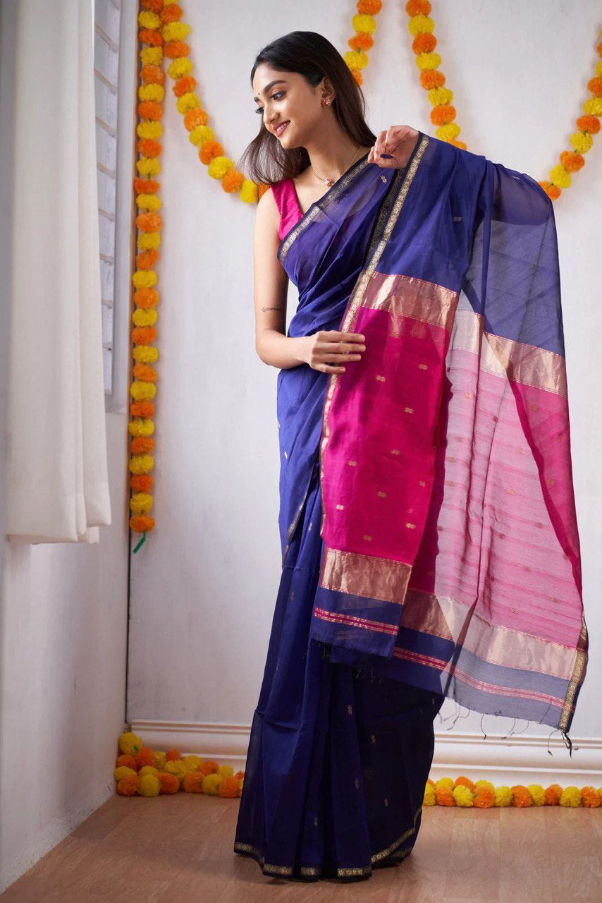 Vivacious Navy Blue Cotton Silk Saree With Nebula Blouse Piece