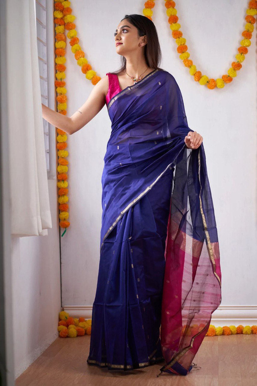 Vivacious Navy Blue Cotton Silk Saree With Nebula Blouse Piece