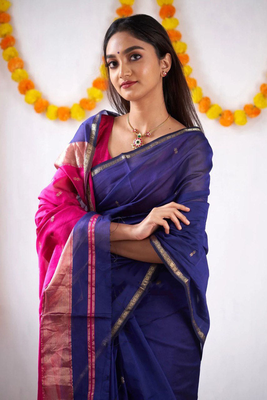 Vivacious Navy Blue Cotton Silk Saree With Nebula Blouse Piece