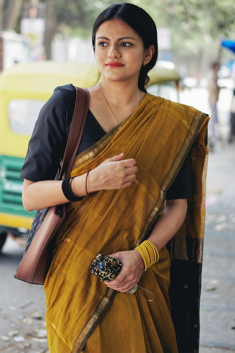 Nemesis Mustard Cotton Silk Saree With Elegant Blouse Piece