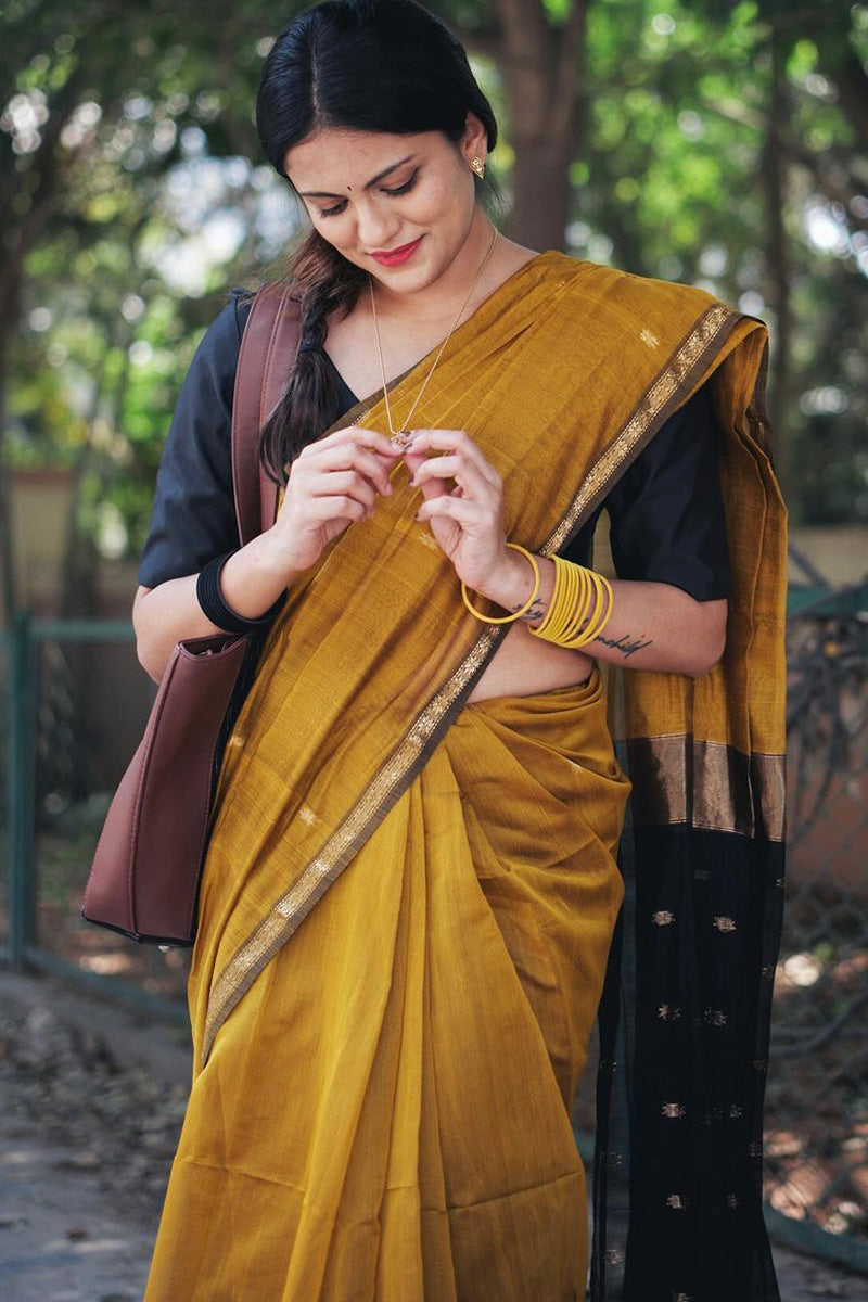 Nemesis Mustard Cotton Silk Saree With Elegant Blouse Piece