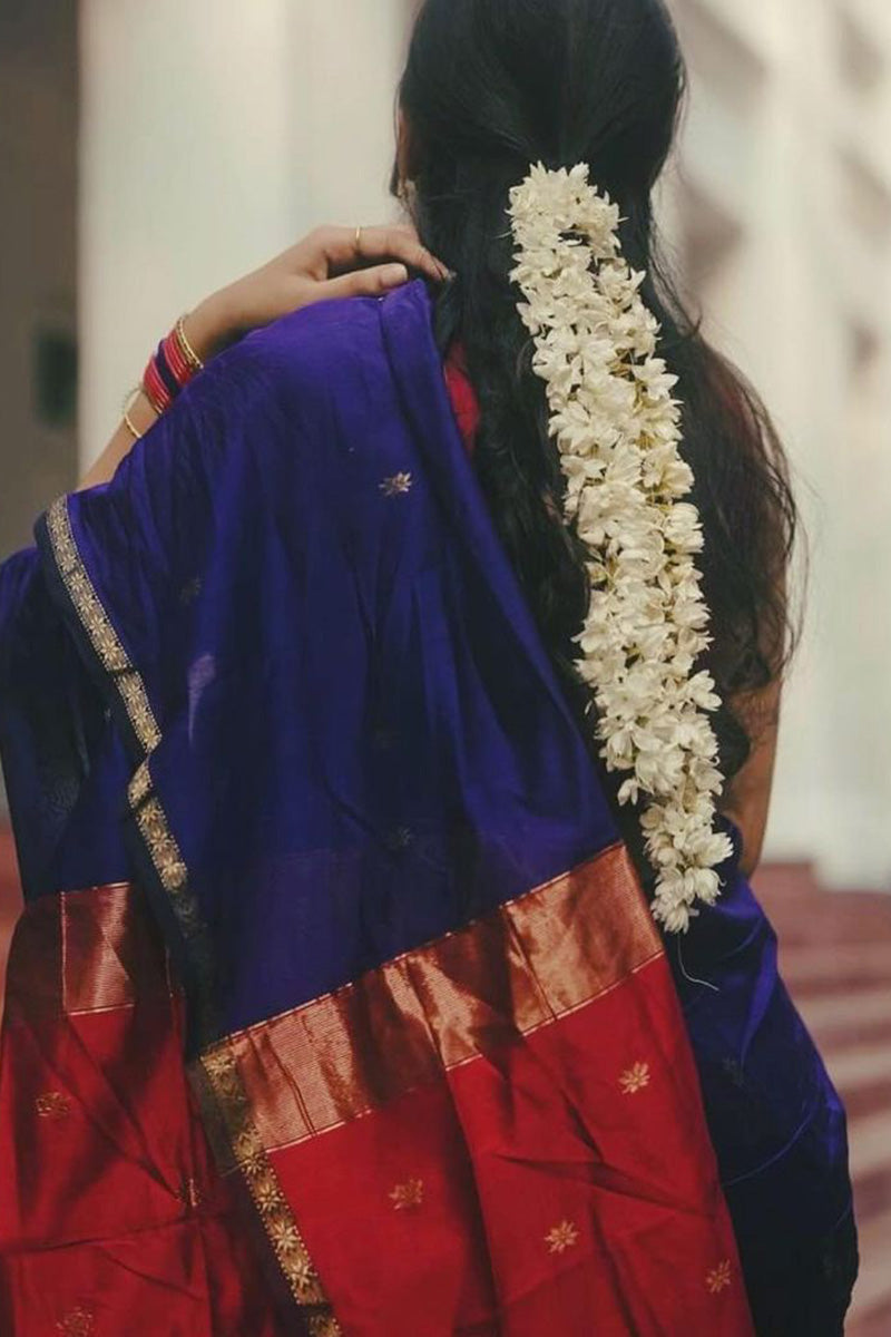 Incredible Navy Blue Cotton Silk Saree With Elaborate Blouse Piece