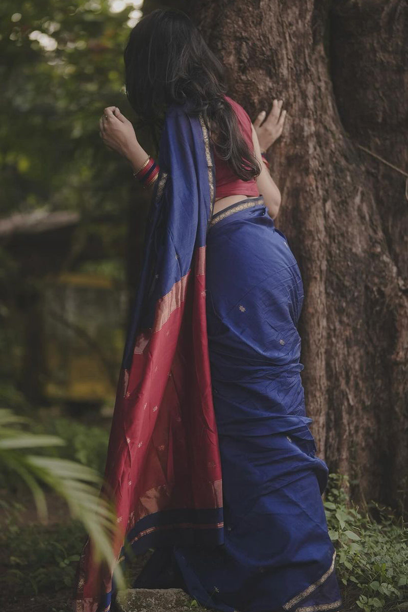 Incredible Navy Blue Cotton Silk Saree With Elaborate Blouse Piece