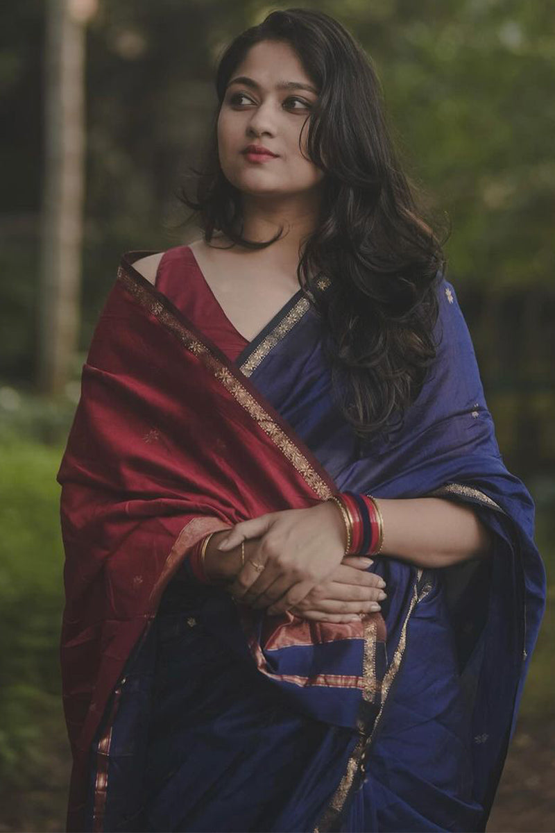 Incredible Navy Blue Cotton Silk Saree With Elaborate Blouse Piece