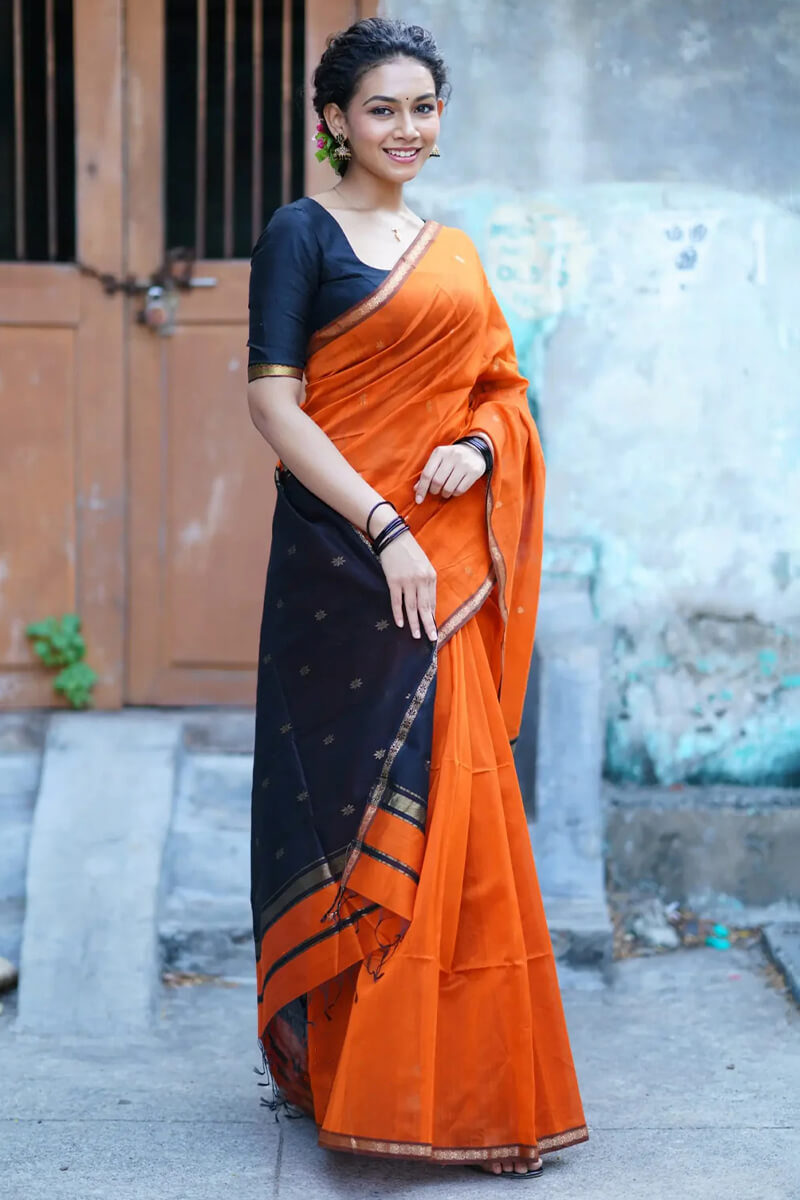 Dazzling Orange Cotton Silk Saree With Girlish Blouse Piece